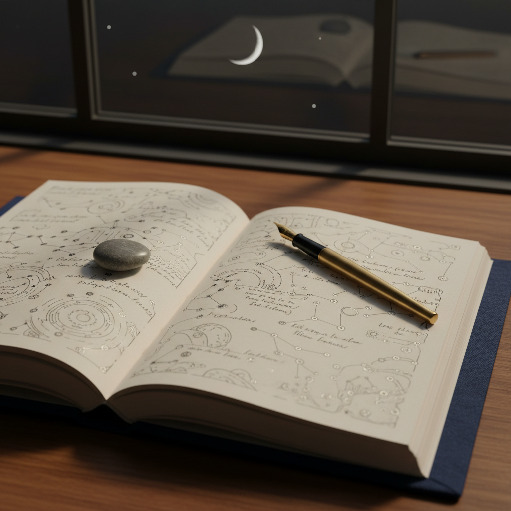 An open, cloth-bound journal in deep midnight blue lies on a wooden desk, its cream pages filled with delicate, handwritten constellations instead of words. A small, smooth river stone anchors one page, while a fine brass fountain pen rests diagonally across the other. Outside the frame of the desk, only a hint of a dark window shows a sharp crescent moon and scattered stars in reflection on the wood’s polished grain. Soft, warm lamplight from the right grazes the paper, creating gentle shadows in the page’s texture. Photographic realism, composed with the journal on the lower third, shot from a slightly elevated angle, fostering a reflective, sophisticated mood ideal for essay-like contemplation.
