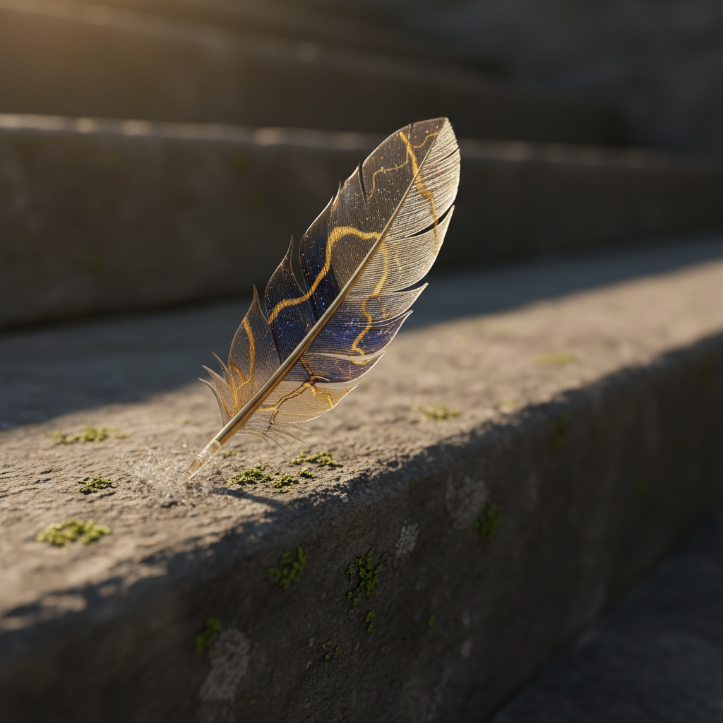 A single feather crafted from translucent glass rests on the edge of an old, charcoal-grey stone step, symbolizing borrowed wings. The feather’s barbs catch delicate veins of gold and indigo, as if reflecting both earth and starlight. Around it, fine dust and tiny moss patches cling to the porous surface of the stone. Late afternoon light enters from the upper left, casting a long, poetic shadow of the feather down the steps. Photographic realism, shot at eye level with a shallow depth of field so the feather is in sharp focus while the staircase dissolves into a soft, contemplative blur, evoking an atmosphere of quiet inner journey and sophisticated introspection.